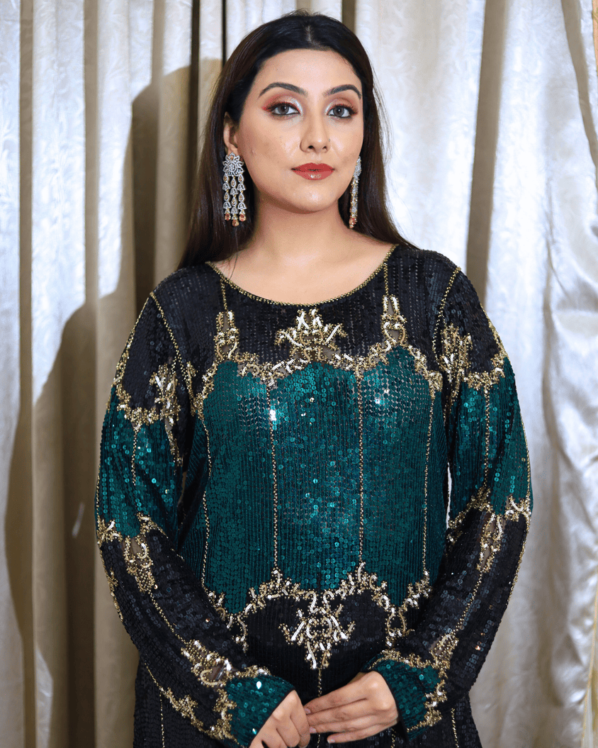 Emerald Green & Black Sequin Embroidered Party Wear Suit